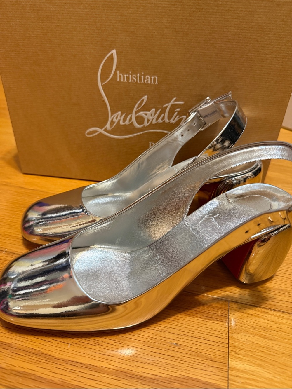 Authentic Christian Louboutin Metallic Silver Minny Sling back heels 38.5, 8.5